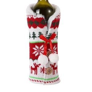 Knitted Christmas wine bottle cover with elk patterns, snow flakes and white fur collar
