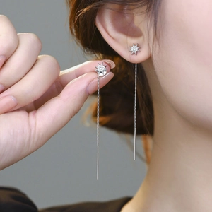 Elegant silver long tassel earrings with star elements and zircon for women