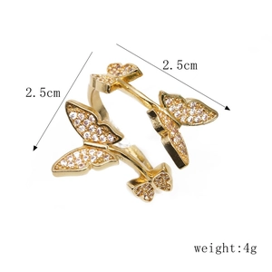 Adjustable gold butterfly ring with micro-paved zircons and double-layer design
