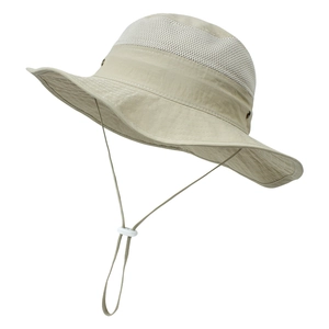Close-up of beige sun hat featuring mesh top and adjustable drawstring for children