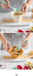 Macro shot of colorful silicone kitchen spoons mixing beans and fresh salad in a bowl