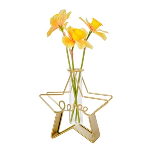 Five-pointed star gold metal flower vase with Love lettering and yellow daffodils