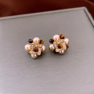 Vintage floral pearl earrings with zircon and tiger eye stones in gold plating