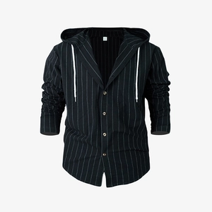Close-up of black vertical striped hooded shirt with wooden buttons and drawstring