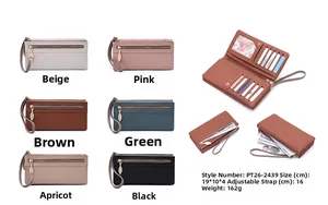 Detail view of a multi-functional long wallet with double zippers and multiple card slots