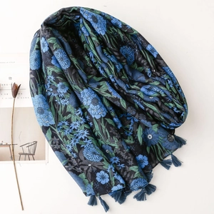 Vintage navy blue floral scarf with elegant fringe trim and soft cotton-linen texture