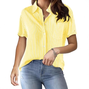 Women's yellow striped short sleeve shirt with lapel collar and single chest pocket