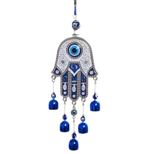 Hamsa Hand wind chime with blue evil eye charms and bells in silver metal finish