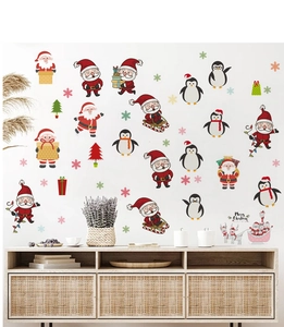 Detailed Christmas wall decals with Santa, penguin, and reindeer on white wall