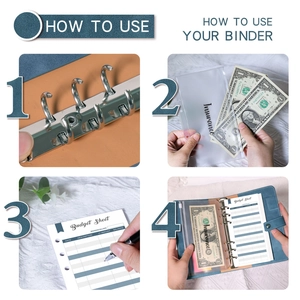 Four-step guide showing how to insert budget sheets and zipper bags into the A6 binder