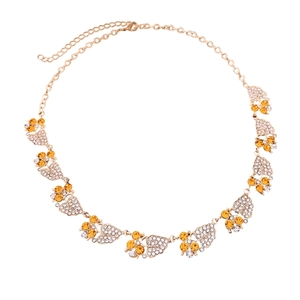 Vintage zircon leaf pendant necklace with amber crystal stones and gold finish