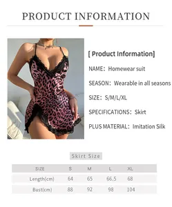 Size guide for women's V-neck imitation silk nightgown with leopard print and lace trim