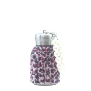 300ml pink leopard rhinestone thermal bottle with silver lid and pearl chain