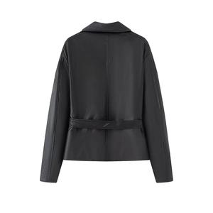 Back view of black faux leather biker jacket with belted waist and stitch detailing