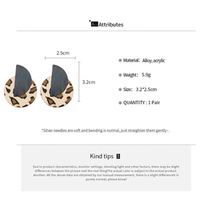 Detailed size chart for vintage leopard acrylic semi-circle stud earrings with silver needle