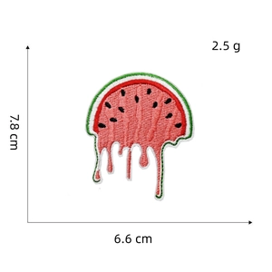 Detail showing 7.8cm embroidered watermelon patch with melting effect and dimensions