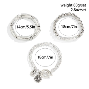 Detailed size and weight specs for a 3-piece silver heart pendant beaded bracelet set