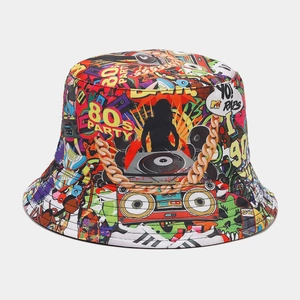 Detail of vintage 80s party graffiti print on reversible bucket hat with MTV logo