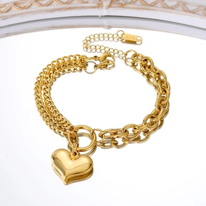 Double-layered 18K gold plated heart bracelet with mixed curb and oval link chains
