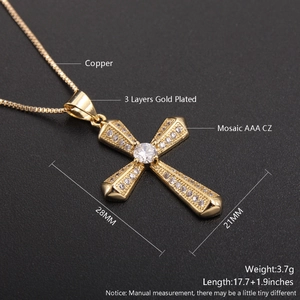 Detailed spec sheet showing 3 layers gold plated cross pendant with AAA CZ stones