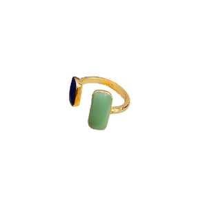 French style open gold metal ring with rectangular blue and green gems on white background