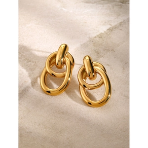 Modern 18k gold plated stainless steel interlocking oval hoop earrings on stone background
