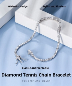 Detailed view of s925 sterling silver tennis bracelet with cubic zirconia on white stand