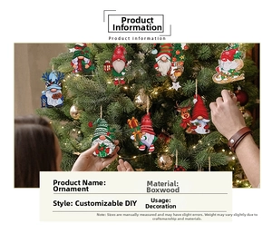 Detail showing boxwood Christmas gnome pendants hanging on a tree with festive lights