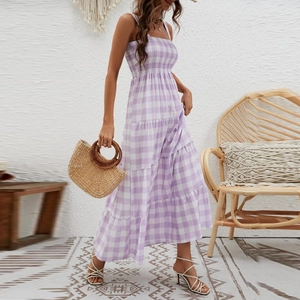 Detail of purple gingham maxi dress featuring a smocked bodice and tiered skirt layers