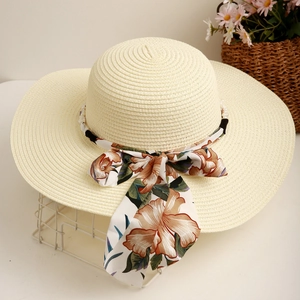 Chapeau de paille à perles et ruban floral, chapeau de plage pliable à bord large