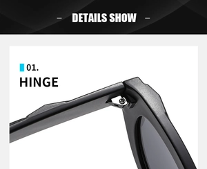 Close-up of the durable metal hinge design on black cat-eye sunglasses for women