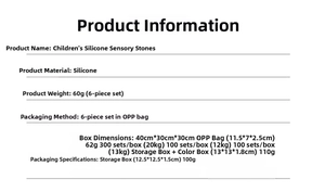 Specifications of 6-piece silicone sensory stone fidget toy set with packaging dimensions
