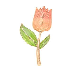 Eleganter goldfarbener Tulpen-Brosche mit orangefarbenem und grünem Emaille-Detail