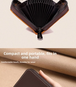 Close-up of compact accordion card holder with leather texture and smooth zipper detail