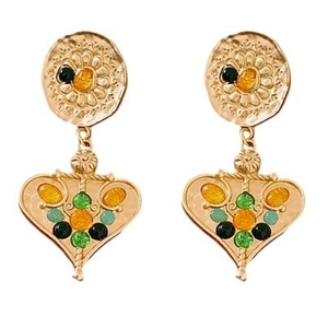 Vintage gold floral disk earrings with colorful heart beads and tassel drop design