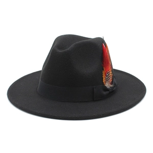 Vintage Fedora Hat Cotton Polyester Wool Felt Wide Brim Jazz Cap With Colorful Feather Black Ribbon Bow