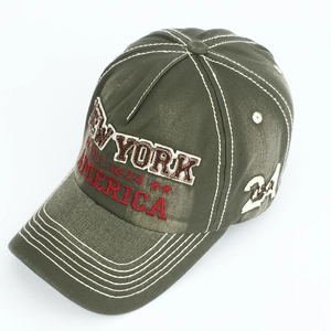 Army green cotton baseball cap with New York embroidery and white contrast stitching