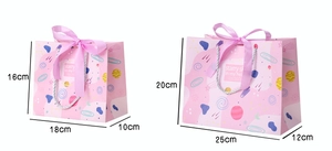 Pink paper gift bags with ribbons in two sizes 18x16x10cm and 25x20x12cm on white base