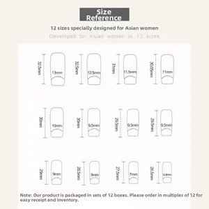 Size chart showing 12 long coffin press-on nail dimensions for a precise custom fit