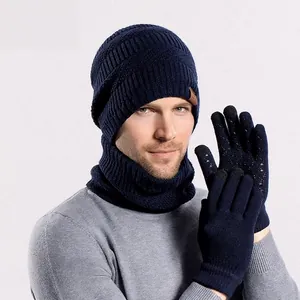 Men's winter navy knit hat, scarf and touchscreen gloves set with fleece lining