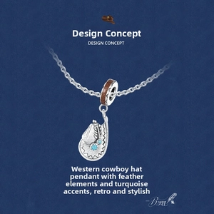 Detailed S925 silver cowboy hat pendant featuring feather carving and turquoise stones
