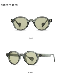 Front and 45-degree side views of green polygon sunglasses with textured frames