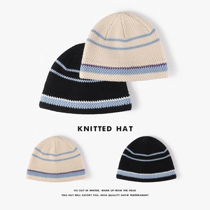 Women Winter Knitted Beanie Hat Striped Pattern Acrylic Warm Windproof Outdoor Casual Skull Cap