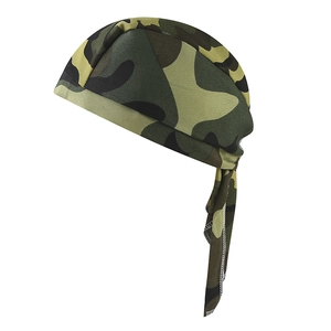 Detail of camouflage bandana with sweat-wicking fabric and adjustable long straps
