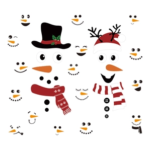 DIY Christmas snowman window decals with hats, scarves and carrot noses on white background