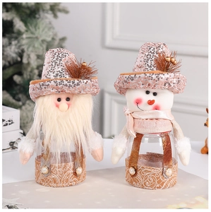 Close-up of snowman and gnome Christmas candy jars with rose gold sequin hats and clear base
