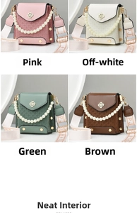 Detailed view of mini woven bags in pink, beige, green, and brown with pearl handles