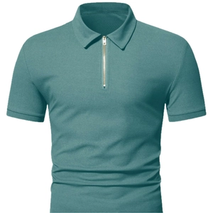 Men's turquoise short sleeve polo shirt with half-zip collar and slim fit athletic design