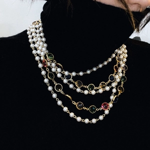 Vintage Multi Layer Artificial Pearl Necklace With Colorful Glass Crystals Gold Plated Choker For Women Luxury French Style