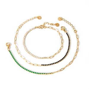 Three-piece set of 18k gold-plated stainless steel bracelets with green white black gems